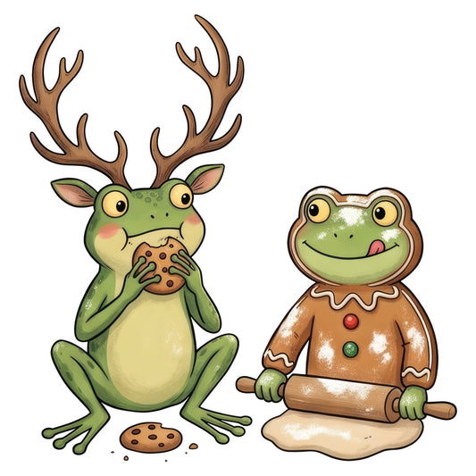 frog, deer, antler, gingerbread man, christmas, holiday, whimsical, cute, playful, green, brown, cream, tan, beige, cookie, festive, winter, animal, character, novelty, children, fun, quirky, cottage core, seasonal, baking theme, kitchen, gingerbread house