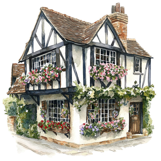 watercolor style, tudor architecture, half-timbered house, fabric panel, english cottage, flower boxes, pink geraniums, red flowers, purple blooms, white walls, dark timber beams, clay roof tiles, diamond-paned windows, ivy covered walls, quaint village scene, pastoral design, garden cottage, british countryside, quilting cotton, architectural illustration