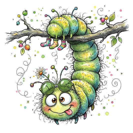 whimsical caterpillar, lime green, yellow, turquoise blue, pink, colorful, nature themed, insects, cute animals, children's illustration, playful, springtime, summer, garden creatures, vibrant colors, striped segments, big eyes, funny expression, daisy flowers, berries, leaves, whimsical style, kid friendly, novelty print, storybook illustration, quirky characters, multi-colored, cheerful design, baby quilt, children's fabric