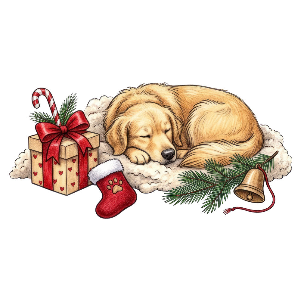 golden retriever, sleeping dog, christmas, holiday, winter, red stocking, paw print, candy cane, gift box, hearts, evergreen branches, bells, cream white, golden tan, red, festive, whimsical, cute, pet lover, dog lover, animals, nature, cozy, warm, traditional, seasonal, decorative panel, wall hanging, dog themed, christmas stocking