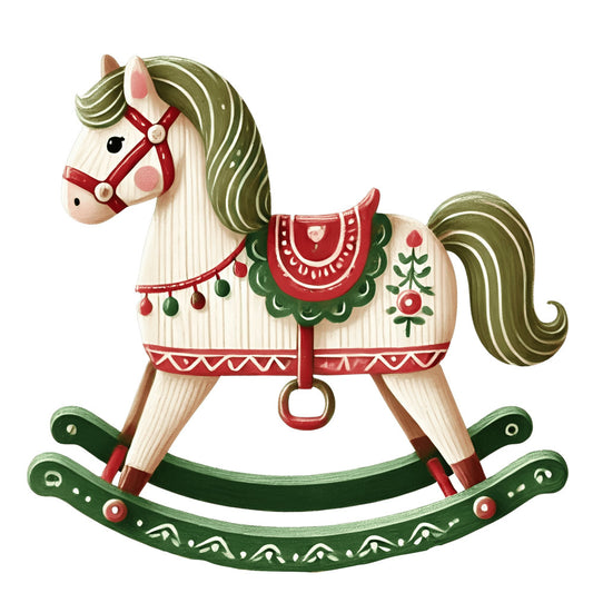 rocking horse, cream, forest green, red, vintage, holiday, christmas, toy horse, festive, traditional, whimsical, decorative saddle, folk art, scandinavian, geometric patterns, floral motifs, ornamental, red and green, cream colored, seasonal, children's, nostalgic, classic, hand-painted style, festive decoration, winter, retro, embellished, patterned