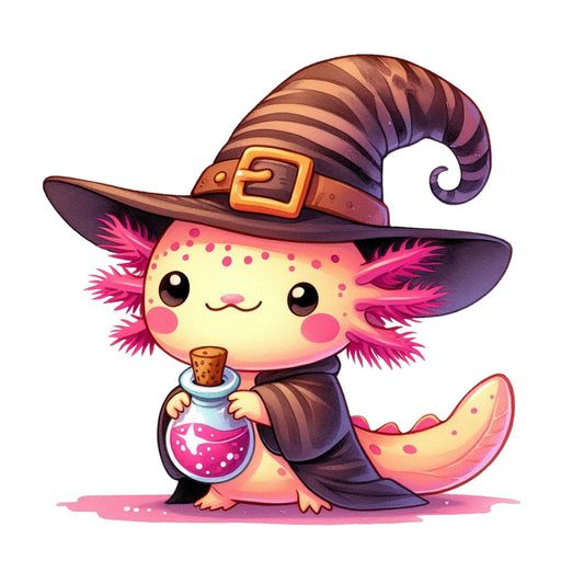 cute axolotl, cartoon character, witch hat, purple hat, pink gills, magical potion, fantasy creature, kawaii style, pastel colors, yellow body, pink accents, whimsical design, fabric panel, quilting cotton, adorable animal, halloween theme, magical elements, soft illustration, craft project, sewing panel