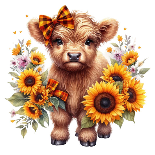 Rustic Sunflower Highland Cows Fabric Panel 20
