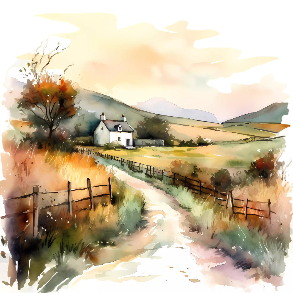 countryside landscape, rural scenery, farmhouse cottage, autumn fields, watercolor art, golden yellow, cream white, sage green, burnt orange, warm neutrals, pastoral scene, rolling hills, english countryside, rustic charm, vintage aesthetic, nature inspired, country living, harvest season, fall foliage, cottage core, scenic landscape, barn setting, fencing details, peaceful countryside, traditional rural, earth tones, sepia tones, impressionist style, country home decor