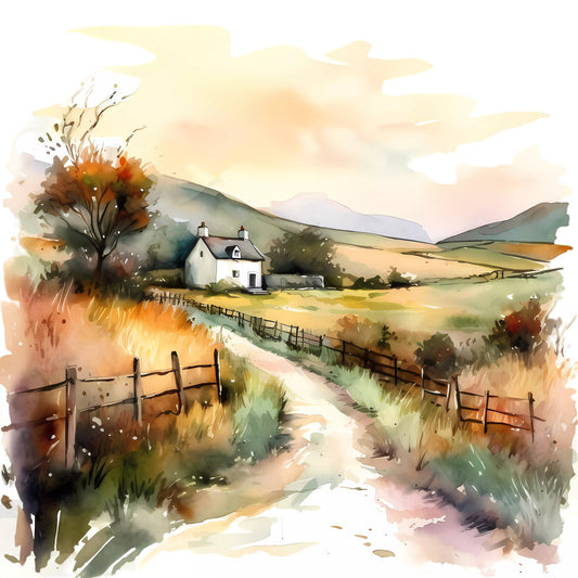 countryside landscape, rural scenery, farmhouse cottage, autumn fields, watercolor art, golden yellow, cream white, sage green, burnt orange, warm neutrals, pastoral scene, rolling hills, english countryside, rustic charm, vintage aesthetic, nature inspired, country living, harvest season, fall foliage, cottage core, scenic landscape, barn setting, fencing details, peaceful countryside, traditional rural, earth tones, sepia tones, impressionist style, country home decor