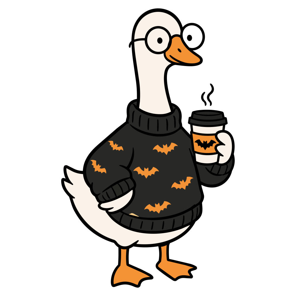 halloween, orange, black, cream, duck, goose, bird, bats, sweater, cozy, whimsical, fun, playful, coffee cup, autumn, fall, spooky, cute animal, glasses, nerdy, geeky, seasonal, holiday, trick or treat, festive, animal character, cartoon style, modern whimsical