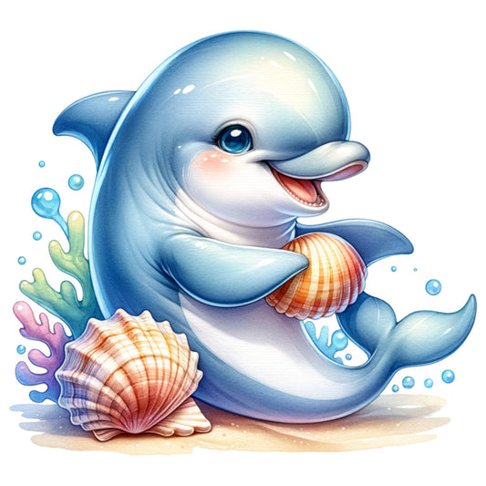 watercolor style, cute dolphin, baby blue, ocean blue, white belly, coral shells, seashells, bubbles, underwater scene, marine life, sea creature, soft pastels, whimsical art, fabric panel, quilting cotton, nursery theme, ocean theme, playful dolphin, water splashes, sea floor