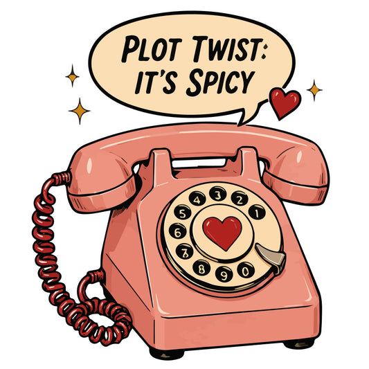 coral pink, cream, retro, vintage telephone, rotary phone, heart motif, love, romantic, whimsical, playful, novelty, conversation print, mid-century modern, nostalgic, cute, quirky, funny, humorous, valentine, romance theme, red heart, spicy, witty text, modern whimsy, conversation starter, pop art style, illustration, character design, statement print
