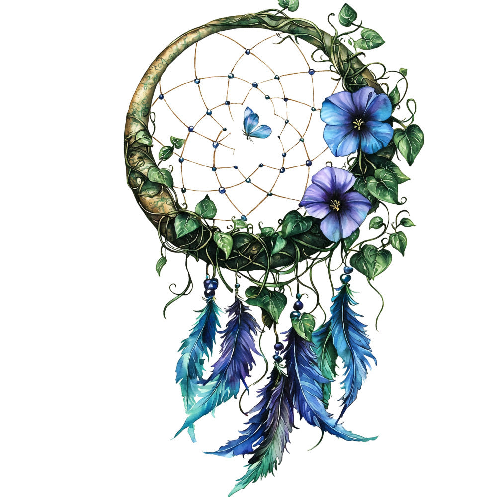 floral dreamcatcher, fabric panel, blue butterfly, purple flowers, morning glory, green vines, feathers, blue feathers, purple feathers, teal accents, botanical design, nature inspired, spiritual motif, quilting cotton, craft panel, bohemian style, intricate web pattern, leafy foliage, decorative beads, peaceful imagery