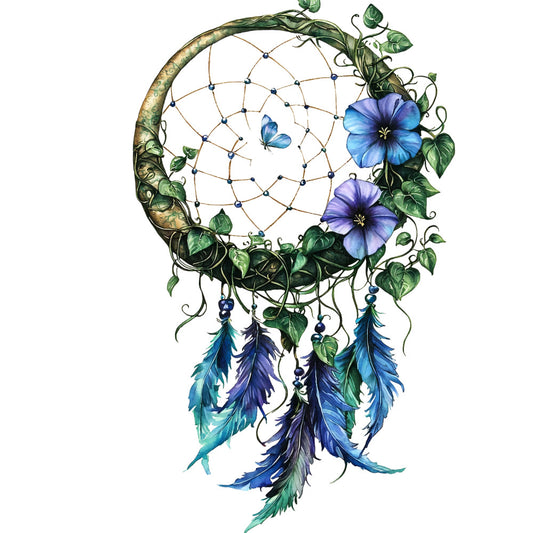 floral dreamcatcher, fabric panel, blue butterfly, purple flowers, morning glory, green vines, feathers, blue feathers, purple feathers, teal accents, botanical design, nature inspired, spiritual motif, quilting cotton, craft panel, bohemian style, intricate web pattern, leafy foliage, decorative beads, peaceful imagery