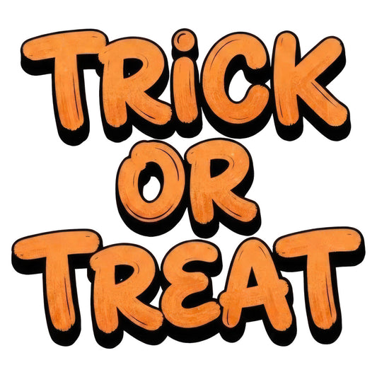 trick or treat, halloween, orange, black, bold text, typography, holiday, autumn, fall, festive, whimsical, playful, children, kids, spooky, seasonal, october, greeting card, wall hanging, decorative, modern, fun, party, costume, candy, pumpkin season