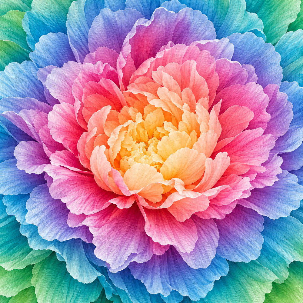 rainbow flower, multicolor, pastel colors, coral pink, hot pink, magenta, purple, lavender, blue, turquoise, teal, mint green, lime green, yellow, peach, orange, floral, peony, blooming flower, layered petals, nature, botanical, spring, summer, colorful, vibrant, whimsical, artistic, gradient, ombre effect