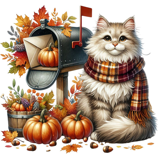 autumn cat, fall cat, fluffy cat, tabby cat, cat with scarf, plaid scarf, burgundy, rust orange, cream white, forest green, mailbox, fall leaves, pumpkins, acorns, autumn harvest, thanksgiving, cozy, whimsical, farmhouse, rustic, cottage core, seasonal, autumn theme, fall theme, orange pumpkin, leaf motifs, woodland, country style, warm tones, fall harvest