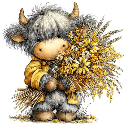 highland cow, whimsical animals, cream colored, golden yellow, wheat, wildflowers, daisies, rustic farmhouse, autumn harvest, nature inspired, folk art, charming character, chunky knit sweater, grain bundle, berries, sweet illustration, cozy cottage core, fall aesthetic, pastoral scene, hand drawn style, beige, cream, mustard yellow, woodland creatures, seasonal harvest, country living, decorative panels, children's illustration style, adorable creature, traditional folk art