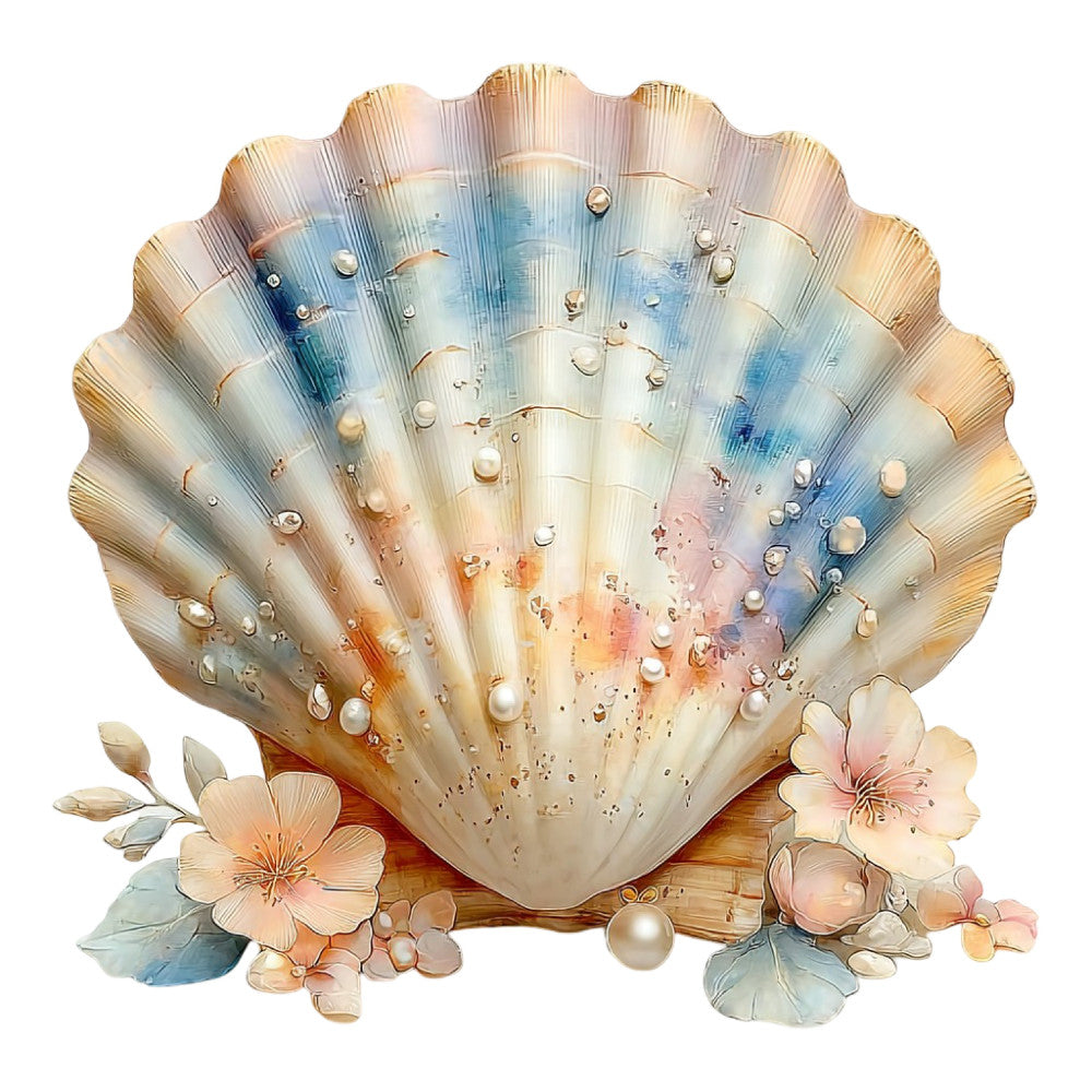 seashell, pearl, coastal, nautical, ocean, beach, watercolor, blue, cream, blush pink, coral, gold, peach, floral, flowers, nature, elegant, whimsical, summer, spring, romantic, vintage, delicate, botanical, shell motif, water droplets, dreamy, feminine, coastal decor, seaside