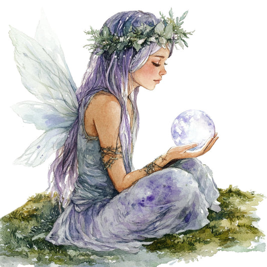 lavender, purple, sage green, moss green, watercolor, fairy, wings, celestial, moon, globe, earth, nature, whimsical, fantasy, magical, ethereal, delicate, feminine, bohemian, mystical, enchanted, floral crown, flower wreath, dreamy, illustration, art, spiritual, goddess, garden, spring