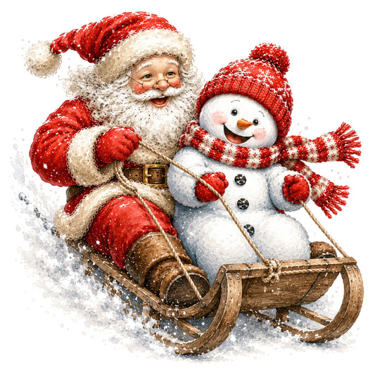 santa claus, snowman, christmas, holiday, red and white, cream, gold, winter, festive, cheerful, whimsical, nostalgic, vintage style, children's, friendly characters, sleigh, snow, decorative, seasonal, traditional christmas, jolly, retro, charming, playful, family-friendly, festive scene, winter wonderland, classic christmas