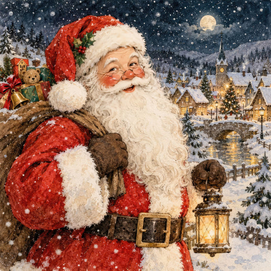 santa claus, christmas, holiday, winter, snow, red and white, cream, gold, vintage, traditional, whimsical, nostalgic, festive, jolly, moonlight, snowy village, church, bridge, evergreen trees, teddy bear, gifts, lantern, bell, cozy, seasonal, christmas town, panel fabric, home decor, holiday scene