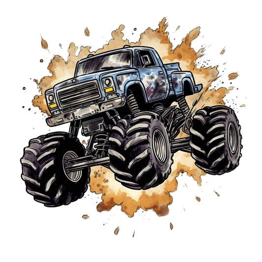 Monster Truck Crushes Fabric Panel 7 shows a detailed monster truck with large tires kicking up dirt in action-packed artwork.
