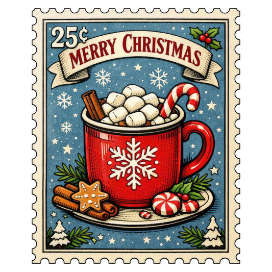 merry christmas, hot chocolate, marshmallows, candy cane, gingerbread, cinnamon sticks, red mug, snowflake, winter, holiday, vintage, retro, nostalgic, whimsical, festive, cream, red, blue, star, evergreen, pine branches, holly berries, snow, traditional, classic, christmas decor, wall hanging, seasonal, cozy