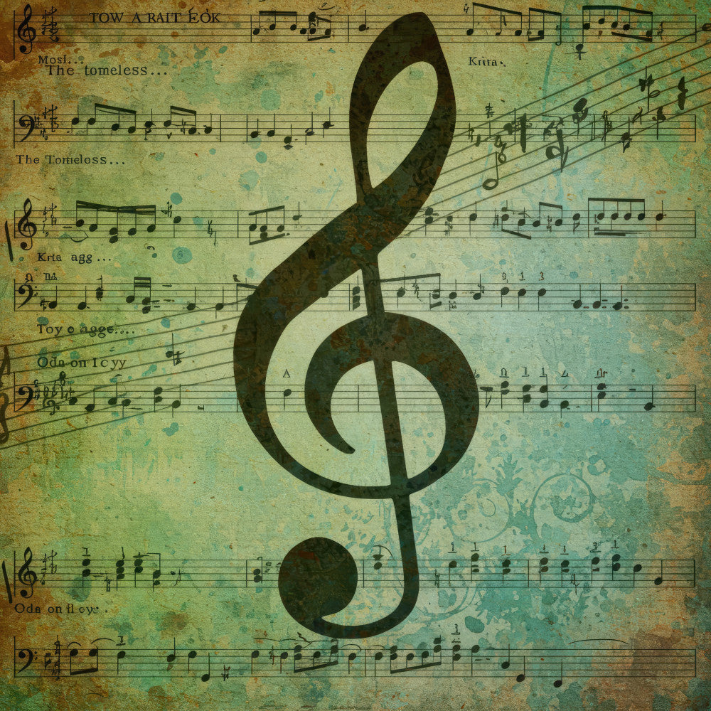 musical note, treble clef, vintage sheet music, sage green, teal, cream, brown, gold, distressed, grunge, music themed, retro, antique, nostalgic, classical music, orchestra, hymnal, steampunk, vintage music, ephemera, collage, mixed media, elegant, traditional, artistic, cultural, educational, music lover gift, wall art