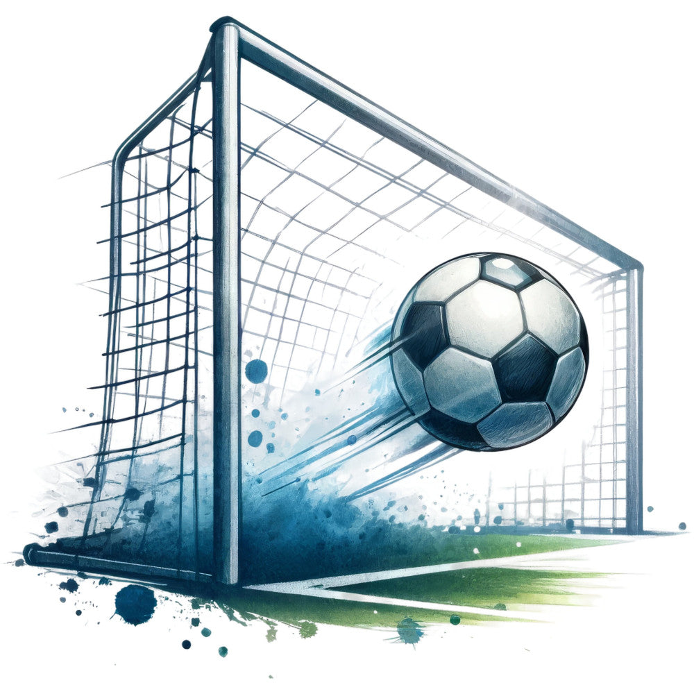 soccer, football, sports, goal, net, ball, motion, action, dynamic, blue, navy, white, green, grass field, athletic, modern, youth, kids, boys, watercolor, splatter, abstract, sports theme, recreational, game day, team spirit, masculine, energetic
