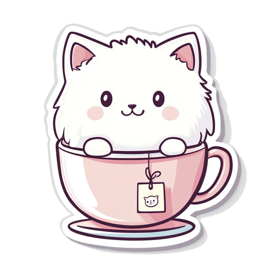 white cat, pink cup, tea bag, cute animals, kawaii, whimsical, modern, cat face, fluffy cat, tea theme, blush pink, soft pink, dusty rose, purple outline, animal motif, cozy aesthetic, beverage print, cat lover, pastel colors, playful, children's design, kitten, tableware, hot beverage, comfort theme, sweet design, illustrated animals, contemporary, quirky, novelty print