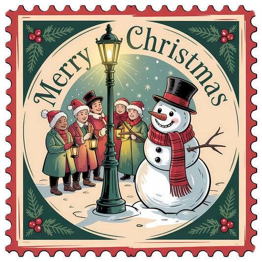 Vintage Christmas Stamps Fabric Panel 10 featuring festive snowman and carolers in nostalgic holiday design on premium quilting cotton.