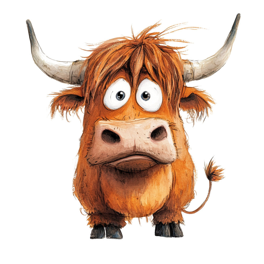 burnt orange, cream, tan, brown, rustic, whimsical, highland cattle, scottish, farmhouse, animals, livestock, cartoon, cute, children, kids, playful, humorous, folk art, pastoral, countryside, cow, bovine, hairy, shaggy, horns, folk style, country charm, storybook, illustration style
