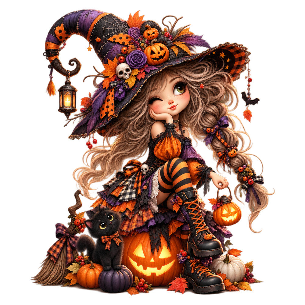halloween witch, orange and purple, autumn, fall, pumpkin, jack-o-lantern, black cat, witch hat, striped stockings, plaid, whimsical, spooky, seasonal, festive, dark orange, deep purple, black, cream, decorative, novelty, holiday, costume, magic, enchanted, gothic, playful, cute, girl character, pumpkin patch, autumn leaves