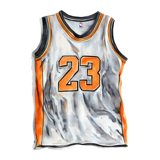 basketball jersey, sports, number 23, orange and white, gray, black, athletic wear, marble texture, abstract pattern, modern style, watercolor effect, tie-dye look, sporty theme, casual wear, men's fashion, team apparel, street style, youth clothing, contemporary design, brushstroke pattern, neutral tones, bold graphics, numeric print, sleeveless, performance wear