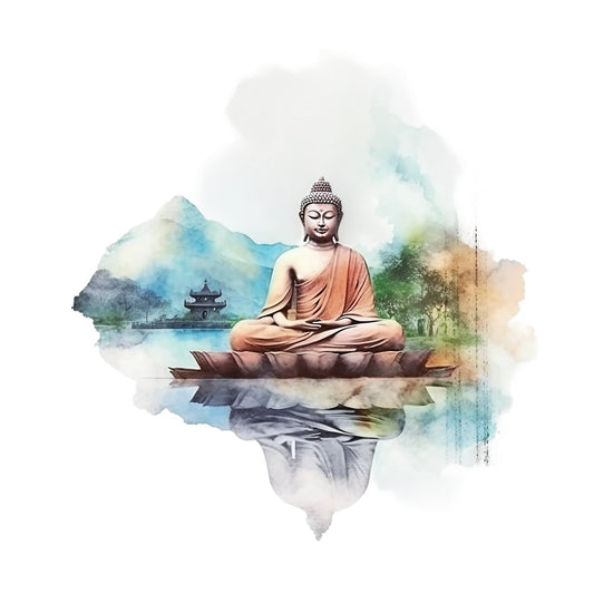 watercolor, buddha, meditation, spiritual, zen, peaceful, lotus position, reflection, mountains, pagoda, temple, soft blues, coral orange, sage green, misty grays, serene landscape, asian inspired, tranquil mood, fabric panel, quilting cotton