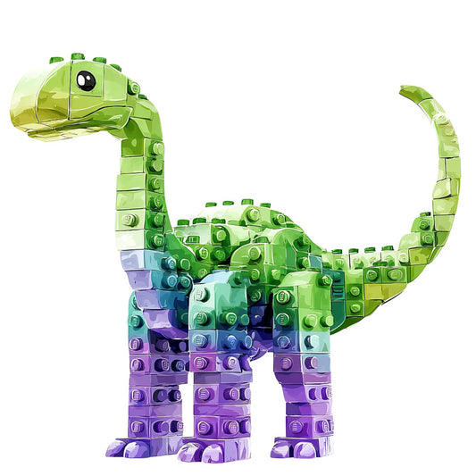 dinosaur, building blocks, brontosaurus, sauropod, green, purple, blue, gradient colors, toy blocks, interlocking bricks, prehistoric animal, children's fabric, quilting panel, cotton fabric, playful design, kid's room, craft project, sewing panel, colorful blocks, dinosaur theme