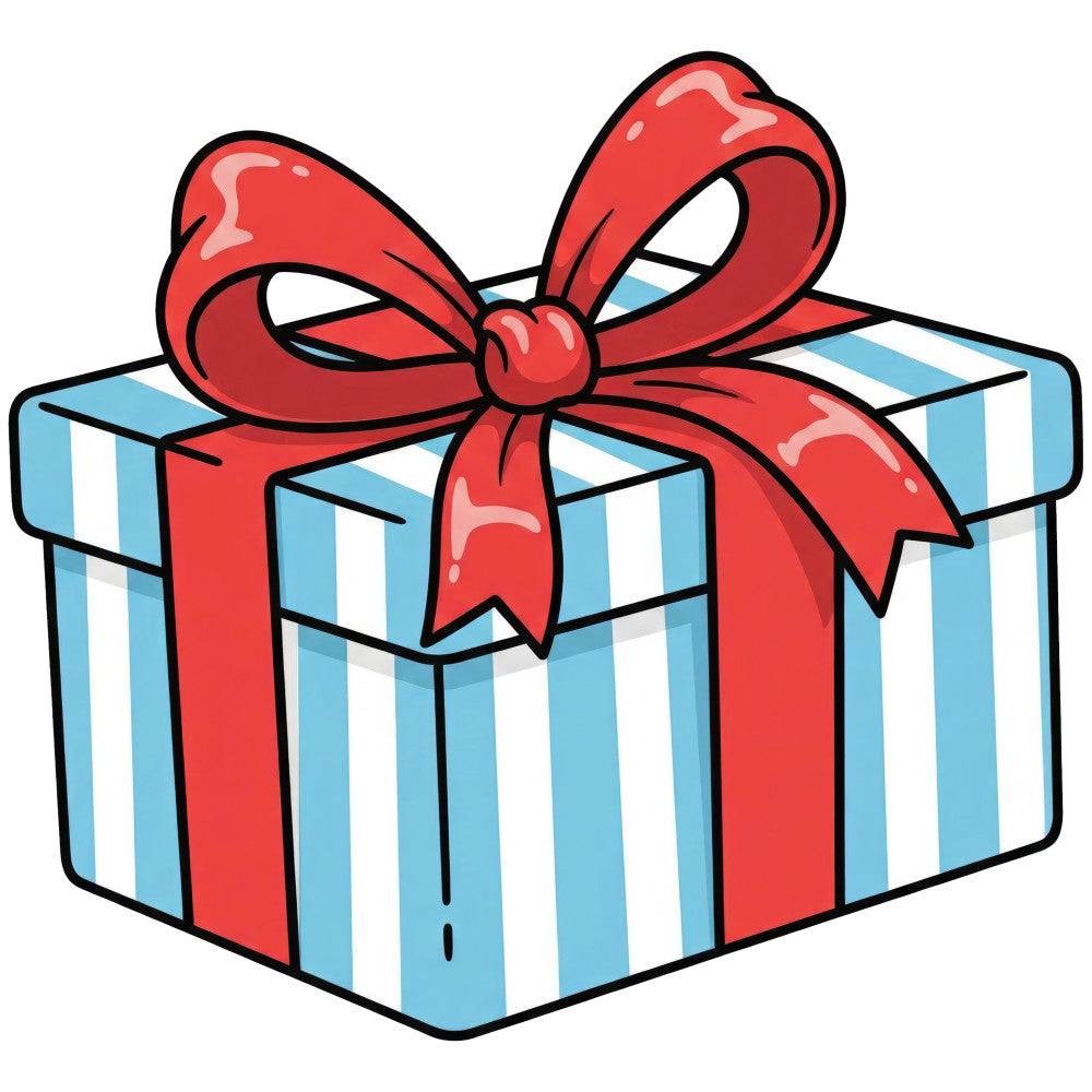 gift box, present, red ribbon, light blue, sky blue, white, striped, geometric, holiday, christmas, gift wrapping, celebration, festive, whimsical, playful, children, kids, cheerful, decorative bow, gift theme, party, birthday, special occasion, spring, blue and white stripes, red accent, happy