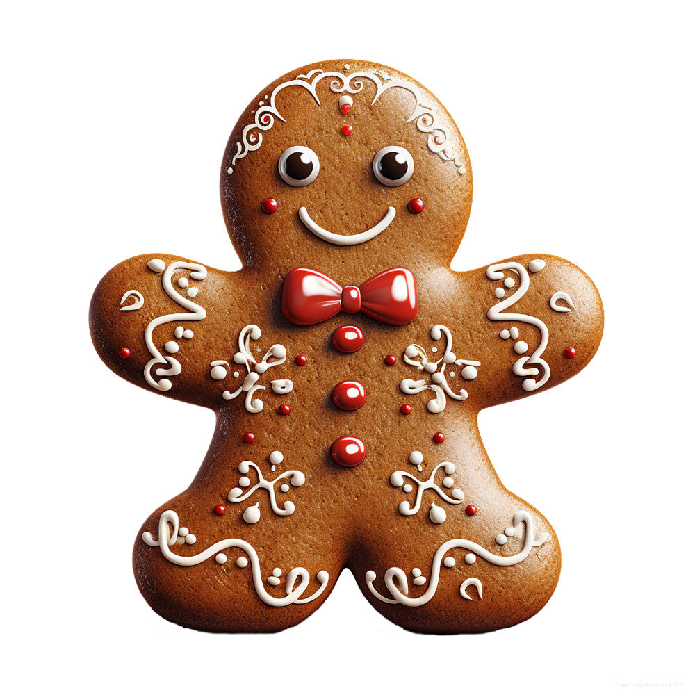 Cute Christmas Gingerbread Man Fabric Panel 4 with detailed icing and red bow tie, printed on premium quilting cotton in the USA