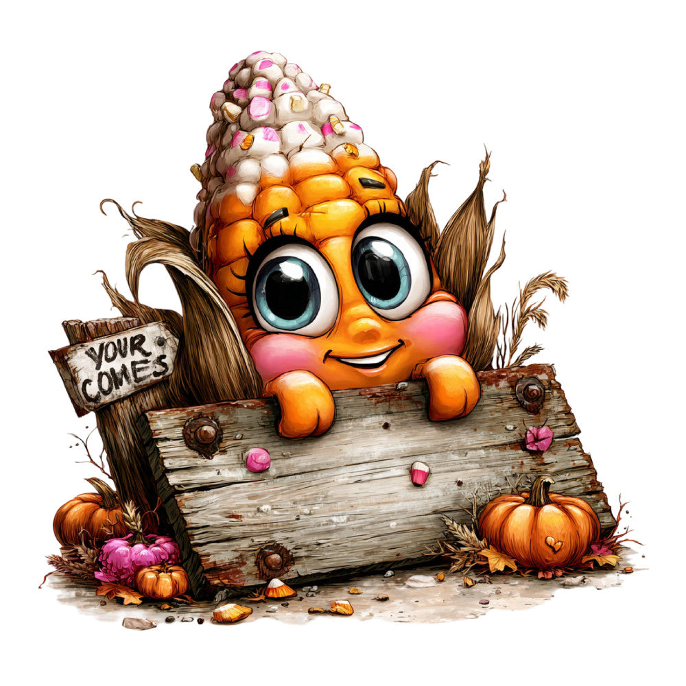 autumn, fall, harvest, corn, cornstalk, pumpkin, pumpkins, orange, burnt orange, pink, cream, brown, tan, wood, rustic, farmhouse, whimsical, cute, character, eyes, friendly, seasonal, thanksgiving, nature, countryside, folk art, primitive, cottage core, decorative panel, home decor