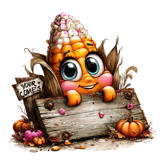 autumn, fall, harvest, corn, cornstalk, pumpkin, pumpkins, orange, burnt orange, pink, cream, brown, tan, wood, rustic, farmhouse, whimsical, cute, character, eyes, friendly, seasonal, thanksgiving, nature, countryside, folk art, primitive, cottage core, decorative panel, home decor