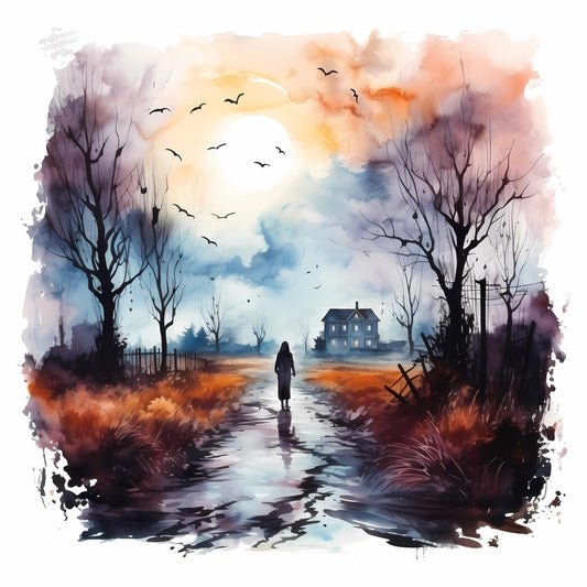 watercolor, autumn, sunset, moody sky, bare trees, silhouette, house, full moon, birds flying, landscape, nature, rustic, ethereal, dreamy, orange, purple, blue, cream, black, twilight, gothic, countryside, farmhouse, romantic, atmospheric, mystical, misty, impressionist, peaceful, evening