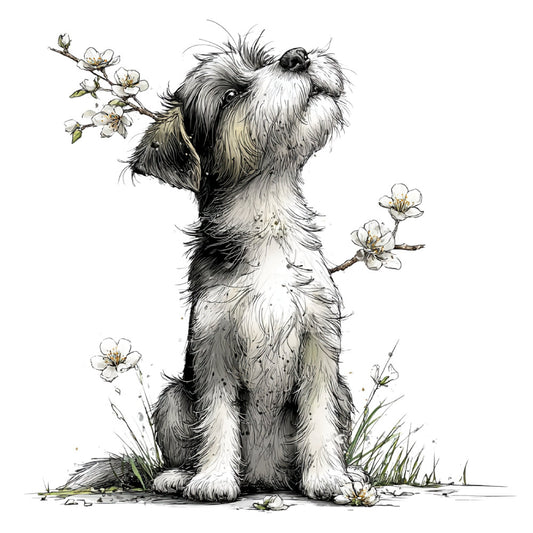 black and white, cream, gray, charcoal, ink sketch, botanical, floral, animals, dogs, shih tzu, cute, whimsical, illustration, line art, nature, spring, flowers, petite blooms, sweet, playful, children, kids, nursery, storybook, vintage, artistic, detailed, elegant, gentle