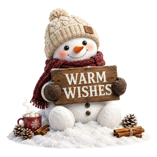 snowman, winter, christmas, holiday, warm wishes, cream, beige, tan, burgundy, wine red, orange, black, cozy, festive, whimsical, rustic, seasonal, snow, cocoa mug, cinnamon sticks, pine cones, knit hat, scarf, cheerful, heartwarming, winter scene, decorative panel, greeting card, wall hanging