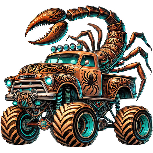 copper orange, turquoise, bronze, metallic gold, steampunk, scorpion, monster truck, ornamental, decorative scrollwork, whimsical, automotive, insects, fantasy, mechanical, embellished details, oversized wheels, vintage truck, bold graphics, intricate patterns, creature feature, animal-themed, adventurous, action-packed, statement print, dimensional illustration, novelty, children's theme, boys' theme, adventurous style