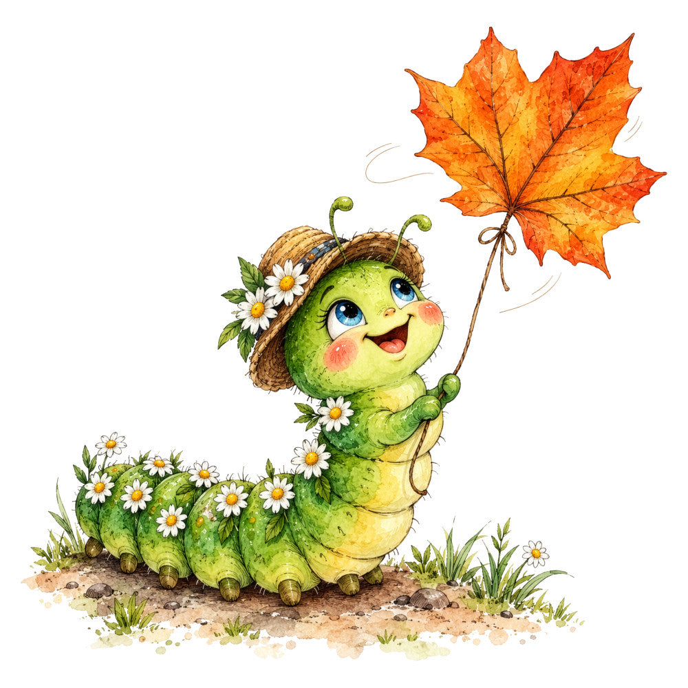 lime green, yellow-green, golden yellow, orange, bright orange, white, cream, soft green, daisies, maple leaf, caterpillar, cute insects, whimsical, playful, children's, nature, fall, autumn, spring, seasonal, animals, bugs, flowers, straw hat, cheerful, happy, vibrant, baby, nursery, adorable