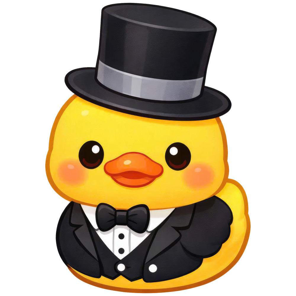 yellow, black, gray, orange, cute, whimsical, formal, elegant, animals, birds, ducks, chicks, top hat, bow tie, tuxedo, gentleman, fancy dress, celebration, party, formal wear, dapper, charming, playful, baby, children, nursery, wall hanging, adorable, kawaii, festive