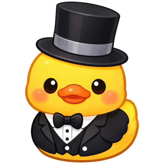 yellow, black, gray, orange, cute, whimsical, formal, elegant, animals, birds, ducks, chicks, top hat, bow tie, tuxedo, gentleman, fancy dress, celebration, party, formal wear, dapper, charming, playful, baby, children, nursery, wall hanging, adorable, kawaii, festive