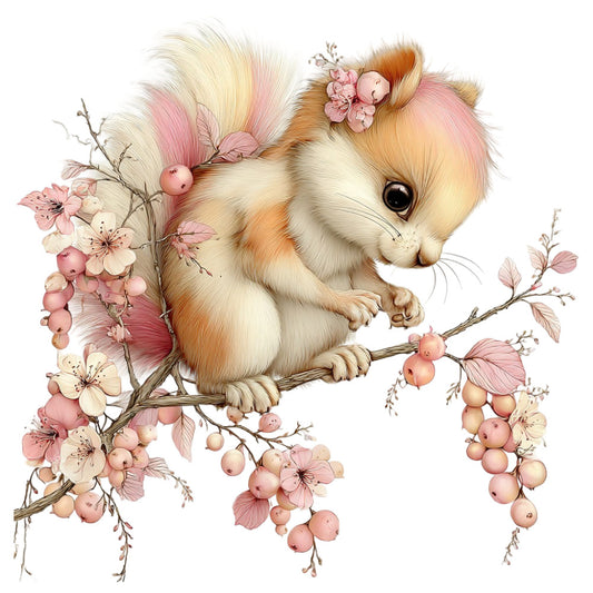 adorable animal, baby, berries, blush pink, botanical, charming, cream, cute creature, delicate, dusty rose, floral, forest animal, gentle, illustration, kawaii, nature, pastel, peach, pink flowers, romantic, soft, spring, squirrel, sweet, tender, whimsical, woodland