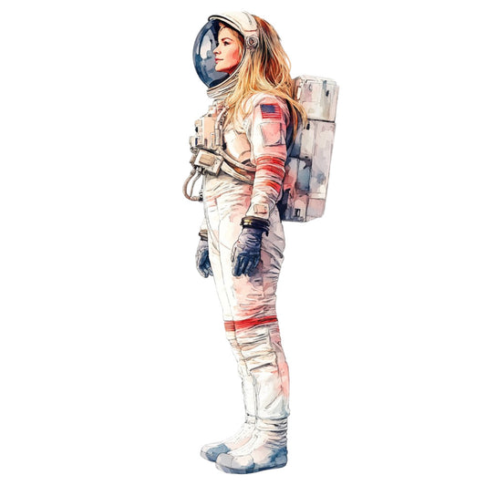 astronaut, space explorer, female astronaut, woman in spacesuit, nasa, american flag, cream, beige, tan, coral pink, red accents, navy blue, watercolor, illustration, realistic, portrait, figure study, vintage space, retro futurism, science fiction, stem, adventure, exploration, inspirational, modern, contemporary, people, characters, wall art, home decor