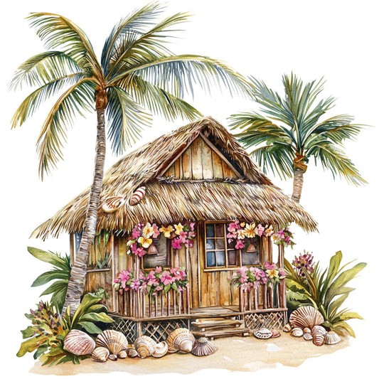 tropical hut, thatched roof, palm trees, coconut palms, seashells, pink flowers, hibiscus blooms, sandy beach, bamboo structure, watercolor style, island paradise, vacation scene, tropical foliage, green fronds, coral pink, golden yellow, warm browns, fabric panel, quilting cotton, hawaiian theme