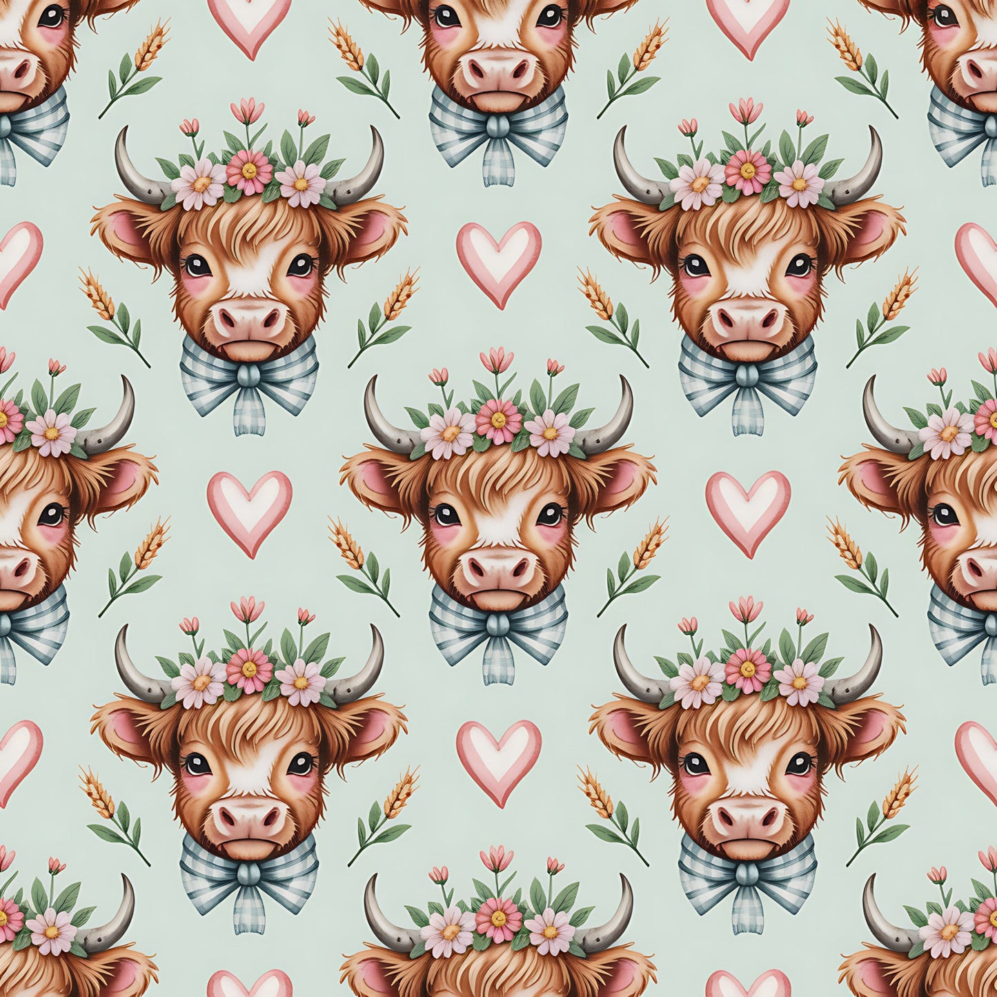 Highland Cow Heads Pattern 3 Quilting Cotton Fabric