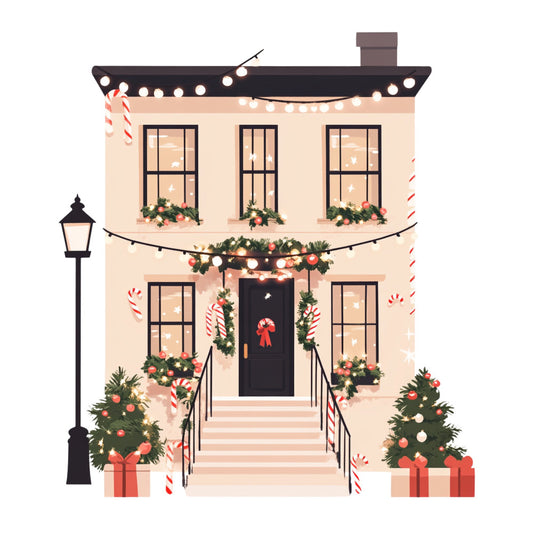 holiday, christmas, festive, winter, cream, beige, black, red, green, gold, candy cane, striped, wreaths, garland, baubles, ornaments, townhouse, victorian, elegant, traditional, whimsical, nostalgic, vintage, decorated home, front door, window boxes, lantern, ribbon bows, festive decor, seasonal