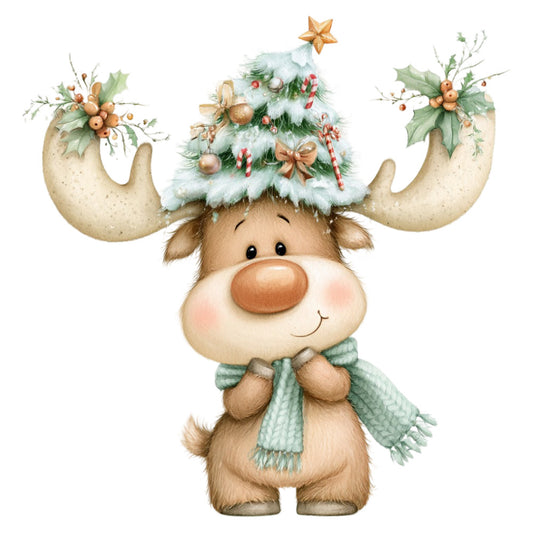 christmas reindeer, holiday moose, festive animals, whimsical creatures, cream, sage green, soft green, tan, bronze, copper, gold accents, red berries, candy canes, winter greenery, holly leaves, christmas tree, star topper, rustic holiday, farmhouse christmas, vintage christmas, whimsical style, charming characters, cozy winter, seasonal decoration, children's christmas, baby holiday, wall hanging, christmas quilt, festive fabric, woodland theme